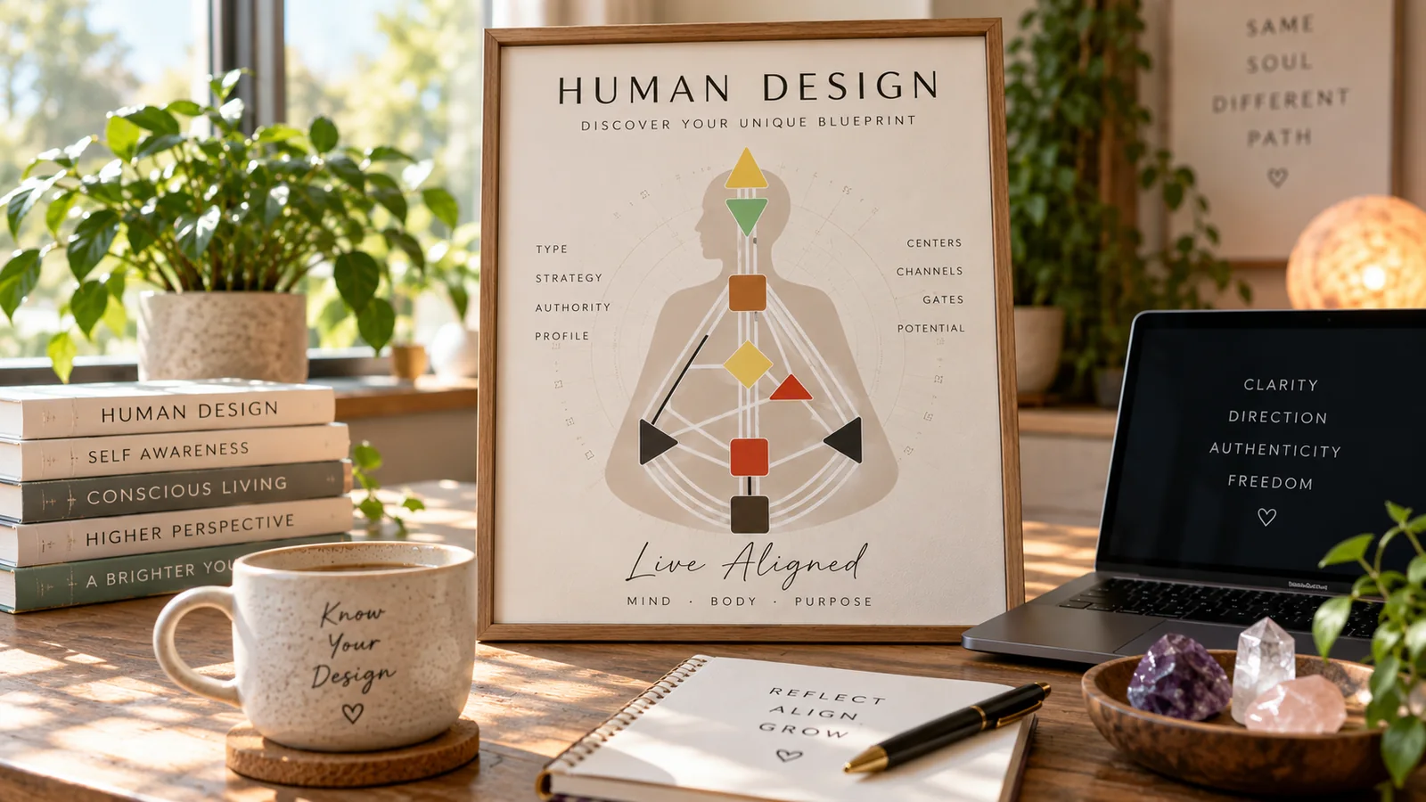 Human Design bodygraph in a bright coaching workspace